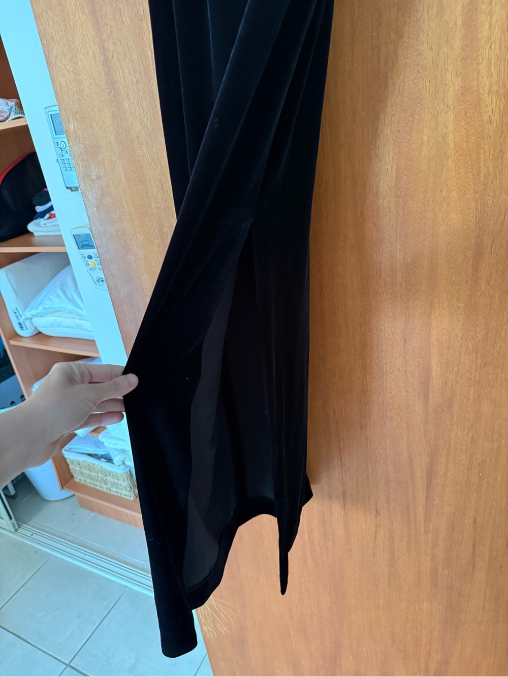 Vintage Donna Morgan Black Velvet Maxi Dress with Beaded Short Sleeves - Picture 5 of 7